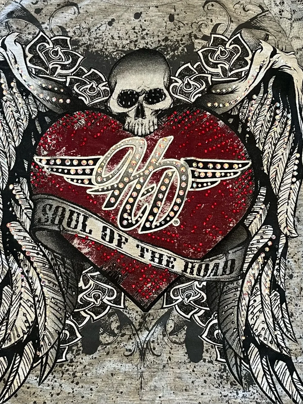 Harley Davidson 3/4 sleeve t-shirt skull rhinestones lace soul of the road S - Picture 3 of 10